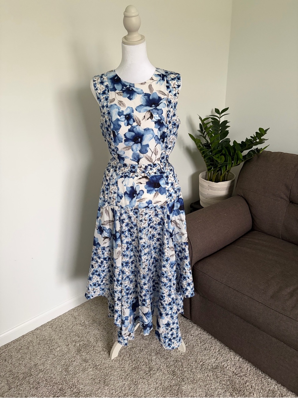 Calvin Klein Blue and White Floral Sleeveless Midi Dress